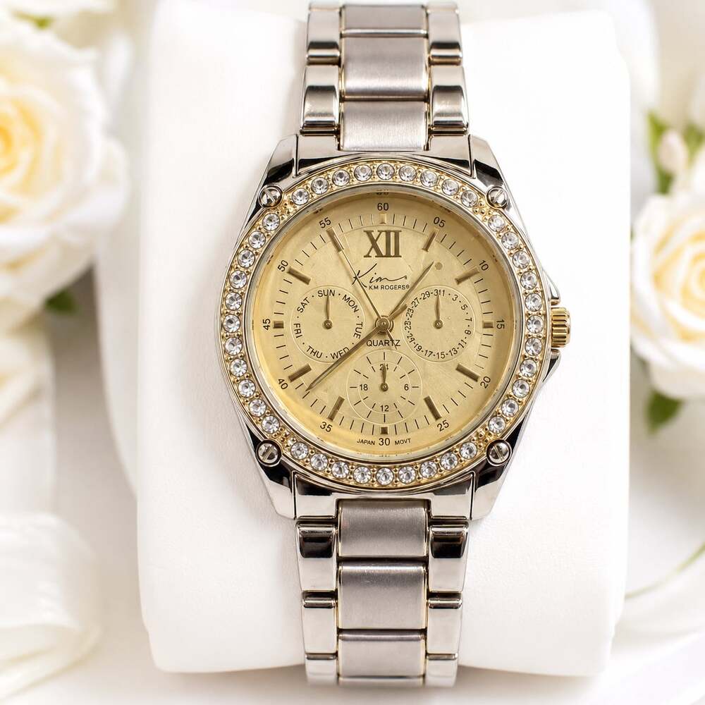 Kim Rogers Womens Gold Tone Rhinestone Bezel Quartz Watch 15846